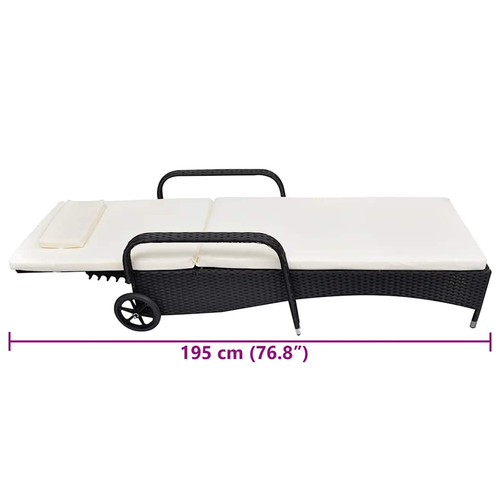 Șezlong de plajă cu pernă și roți, negru, poliratan