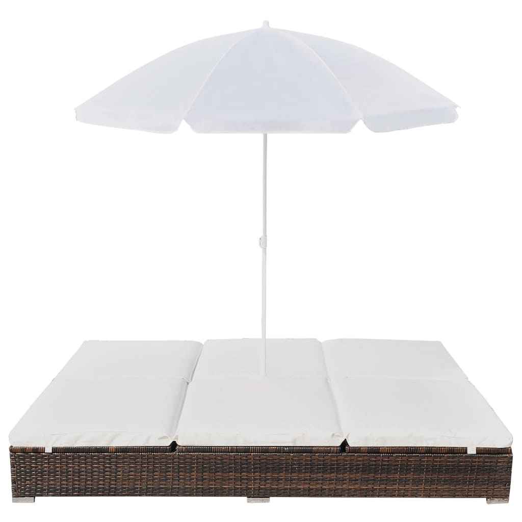 Pat șezlong de exterior cu umbrelă, maro, poliratan