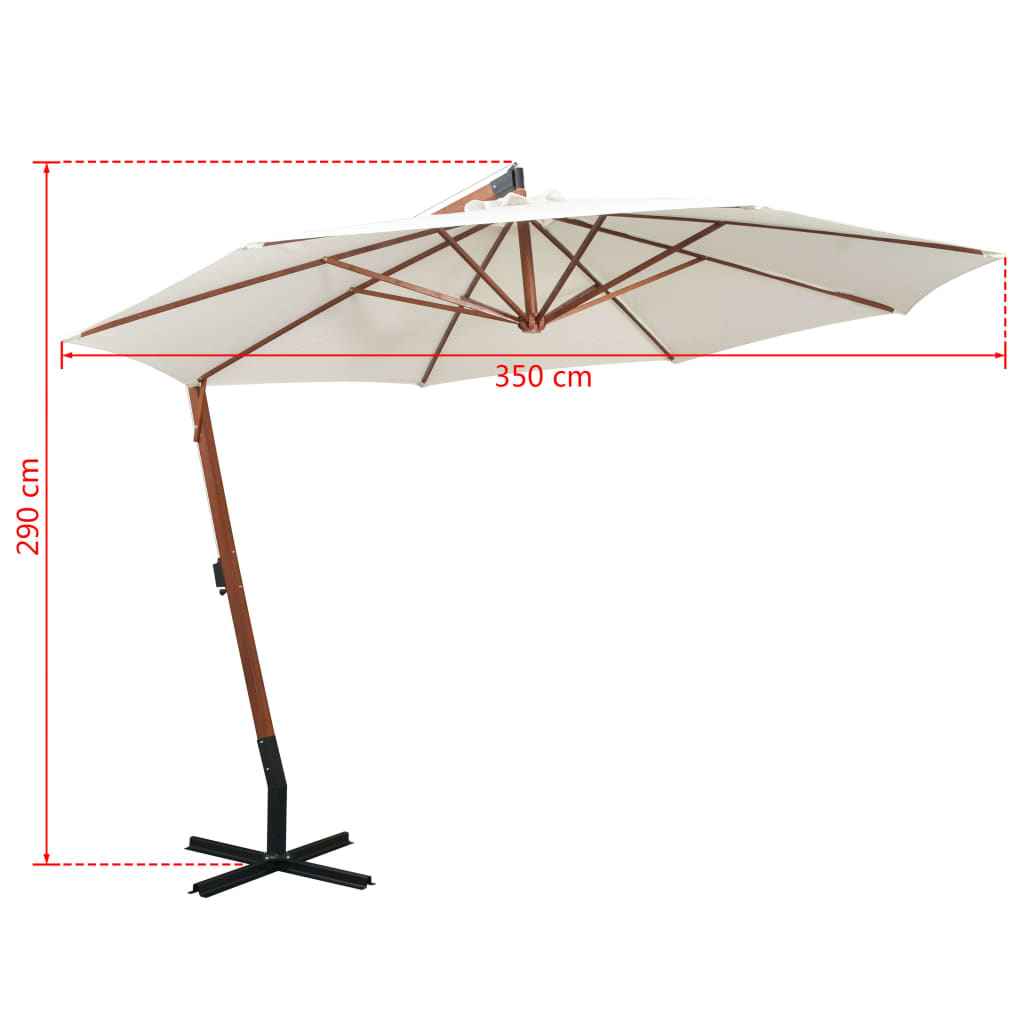 Umbrelă de soare suspendată cu stâlp de lemn, 350 cm, alb