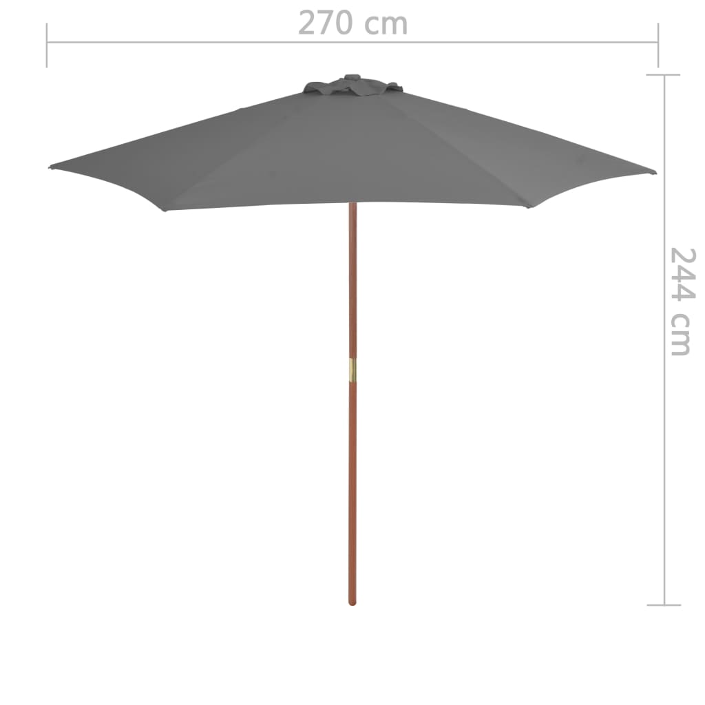 Umbrelă de soare de exterior, stâlp din lemn, antracit, 270 cm