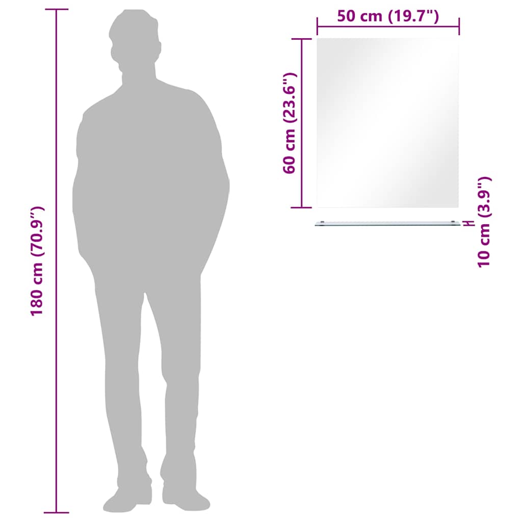 Oglindă de perete cu raft, 50 x 60 cm, sticlă securizată