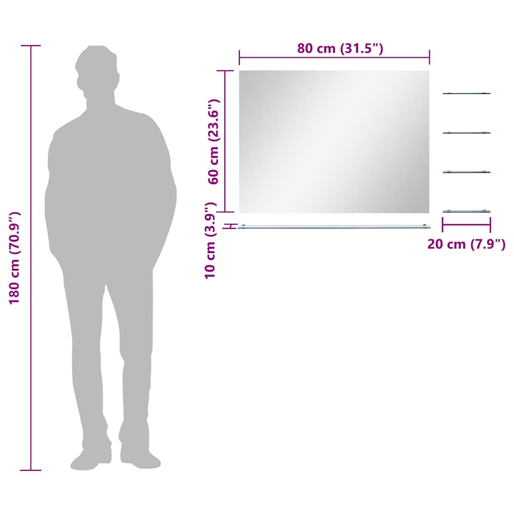 Oglindă de perete cu 5 rafturi, argintiu, 80 x 60 cm