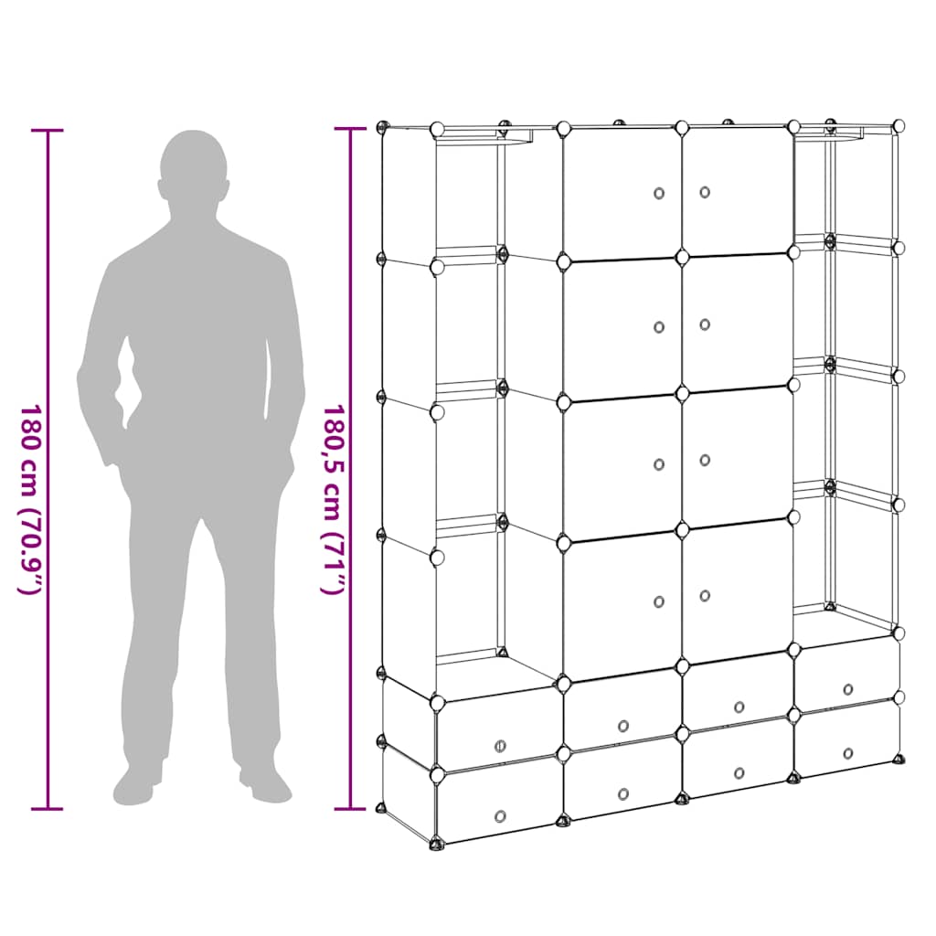 Dulap modular cu 18 compartimente alb și negru 37x146x180,5 cm