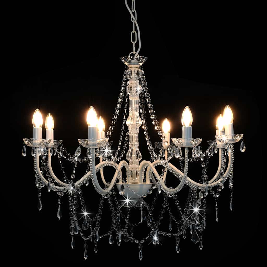 Candelabru cu mărgele, alb, 8 becuri E14