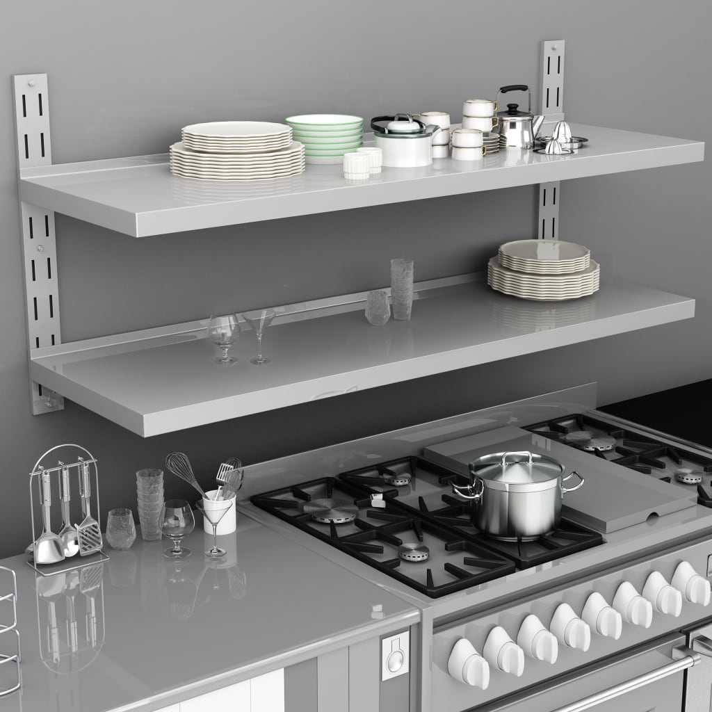 Etajeră de perete cu 2 rafturi, 150 x 30 cm, oțel inoxidabil