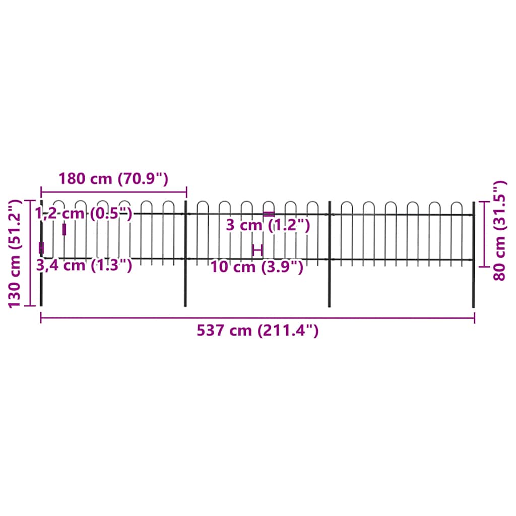 Gard de grădină cu vârf circular din oțel, 537x80 cm, negru