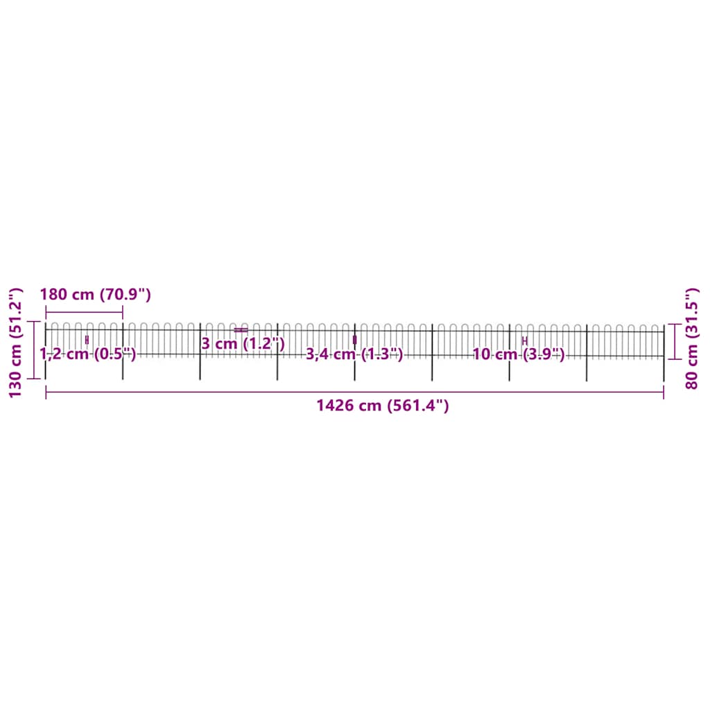 Gard de grădină cu vârf circular din oțel, 1426 x 80 cm, negru