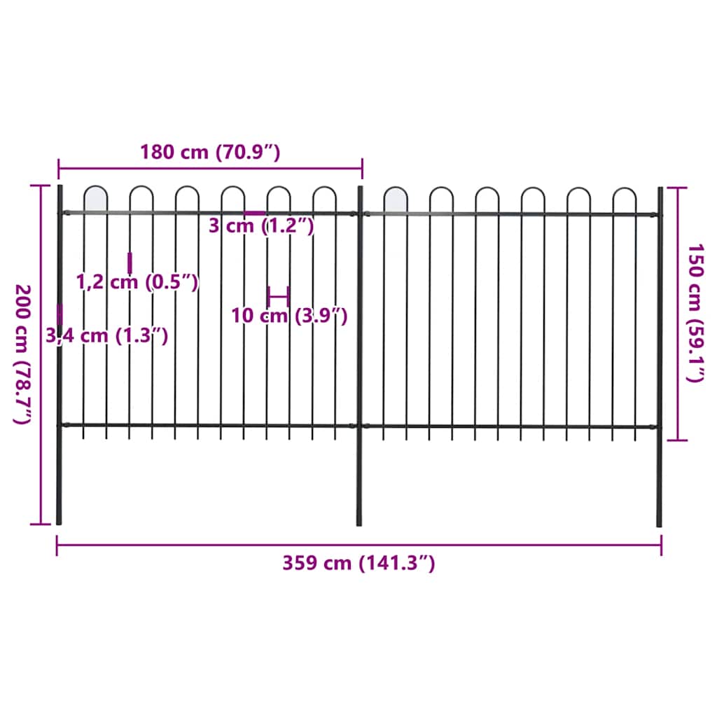 Gard de grădină cu vârf circular din oțel, 359x150 cm, negru