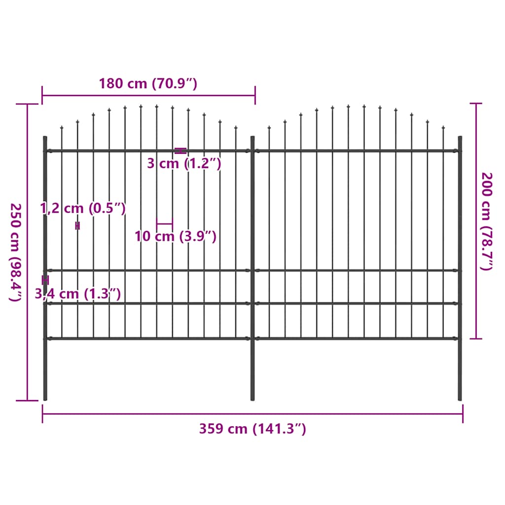 Gard de grădină cu vârf tip suliță din oțel, 359x200 cm, negru