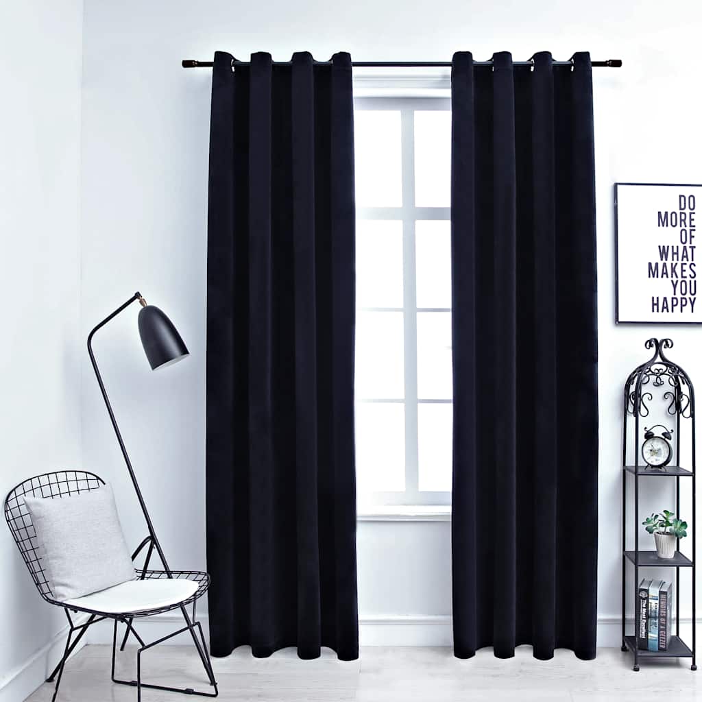 Draperii opace cu inele, 2 buc., negru, 140 x 225 cm, catifea