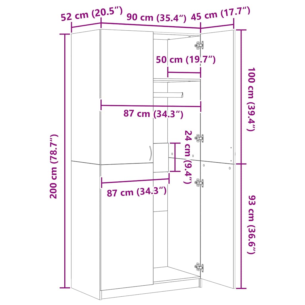 Șifonier, gri beton, 90x52x200 cm, lemn prelucrat