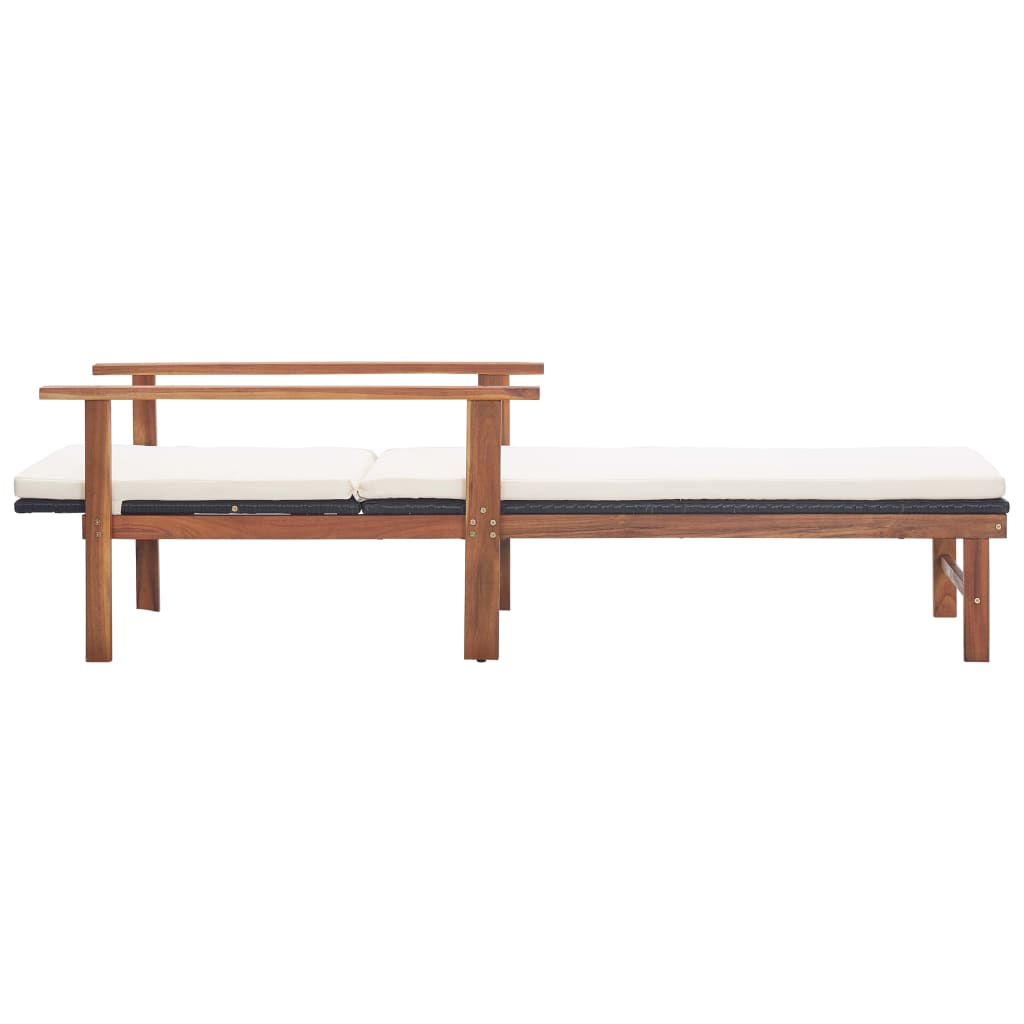 Șezlong cu pernă, negru, poliratan și lemn masiv de acacia