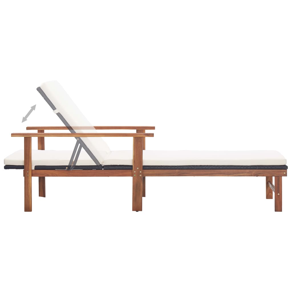 Șezlong cu pernă, negru, poliratan și lemn masiv de acacia