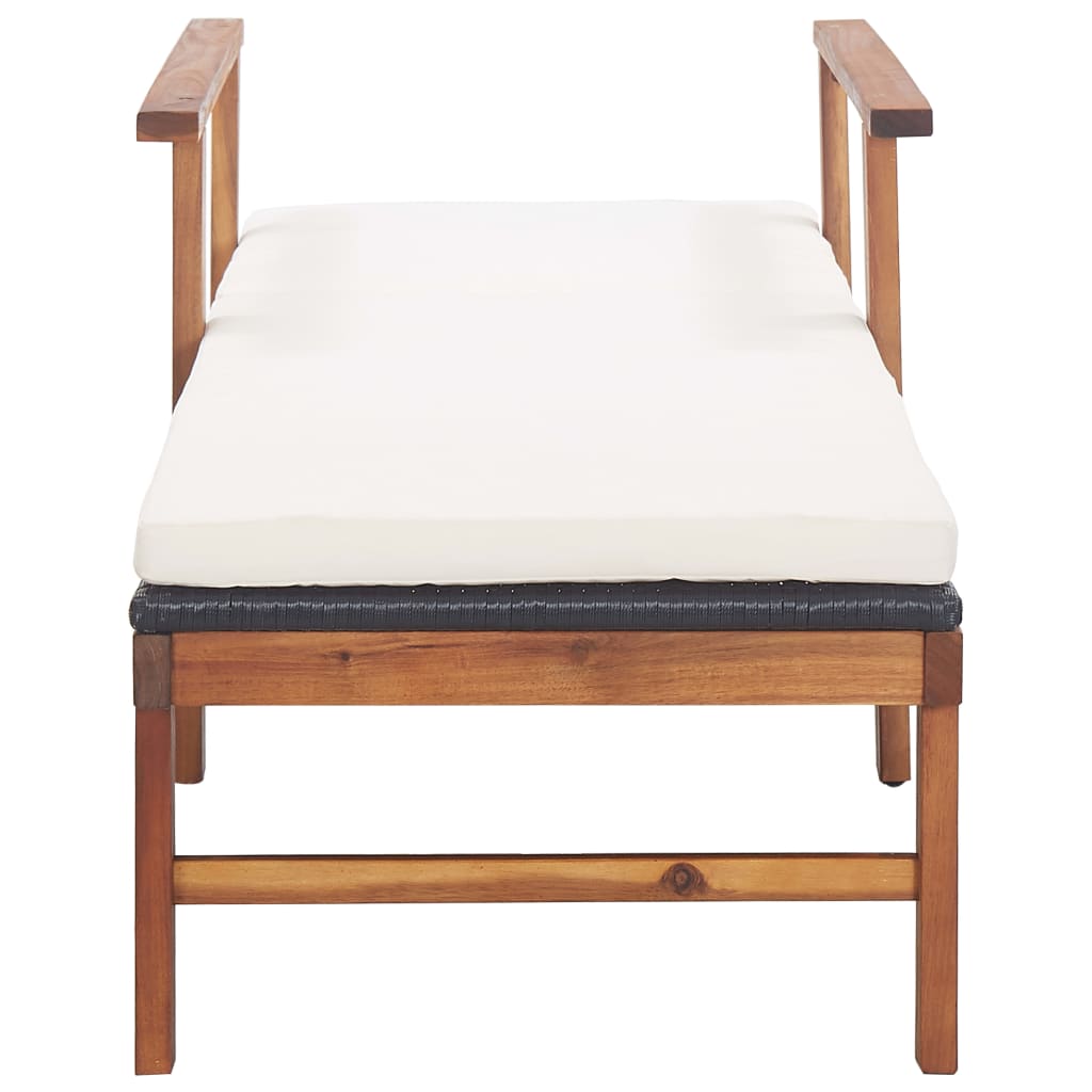 Șezlong cu pernă, negru, poliratan și lemn masiv de acacia