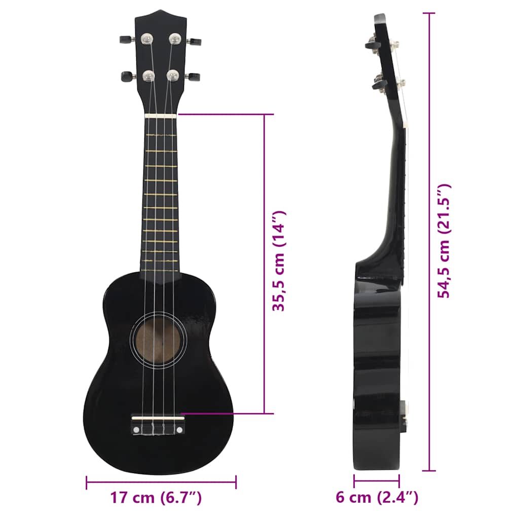 Set ukulele soprano, cu husă, pentru copii, negru, 21"