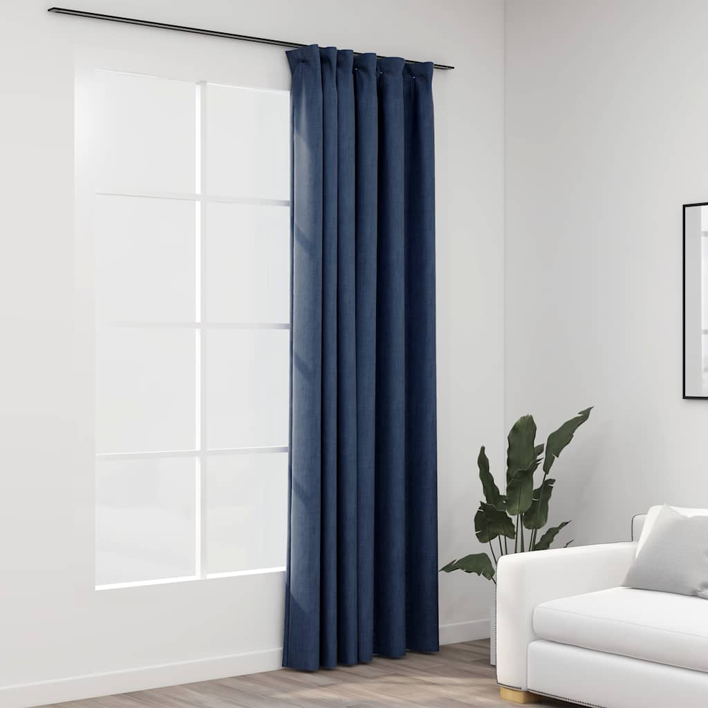 Draperie opacă, aspect de in, albastru, 290x245 cm, cu cârlige