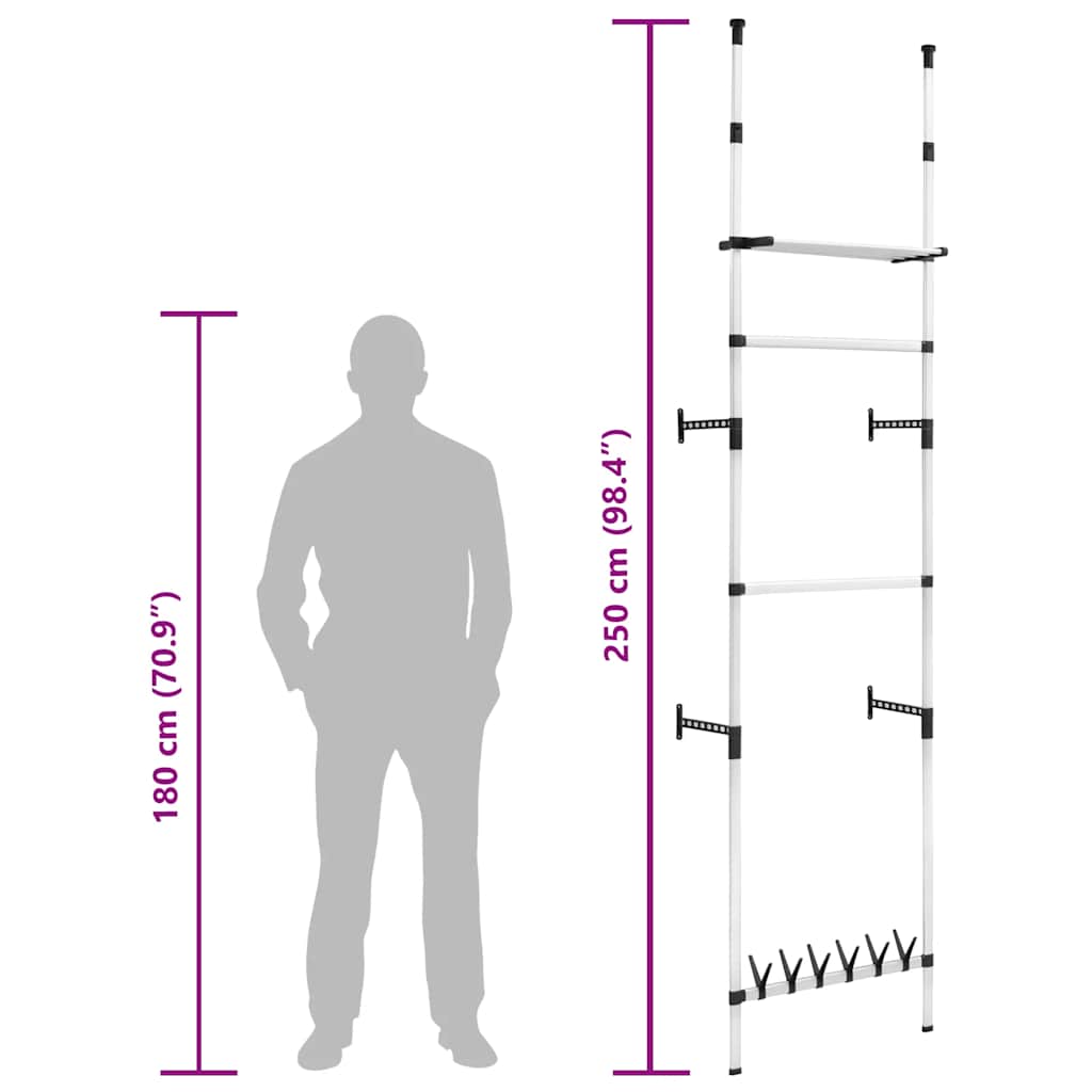 Sistem șifonier telescopic, cu bare și raft, aluminiu
