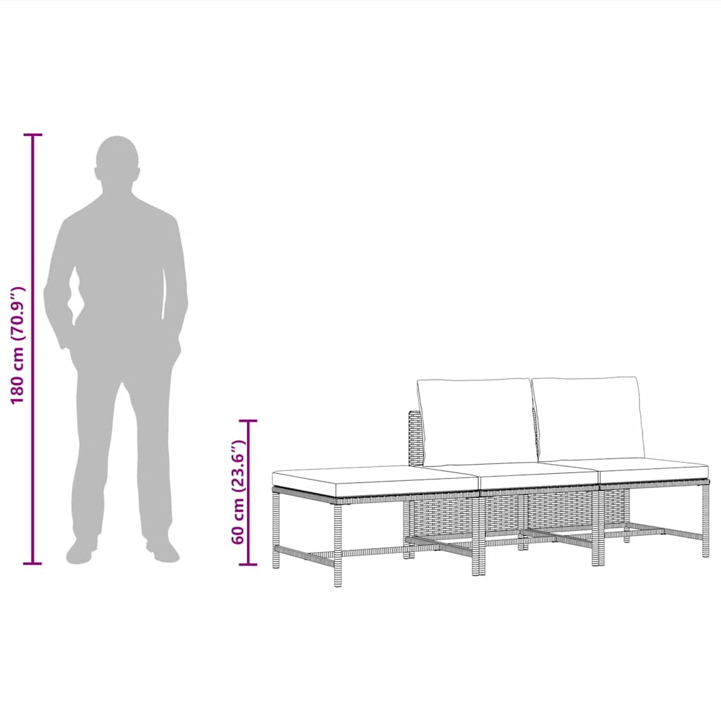 Set mobilier de grădină cu perne, 3 piese, negru, poliratan