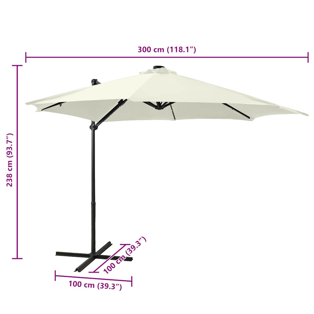 Umbrelă în consolă cu stâlp și LED-uri, nisipiu, 300 cm