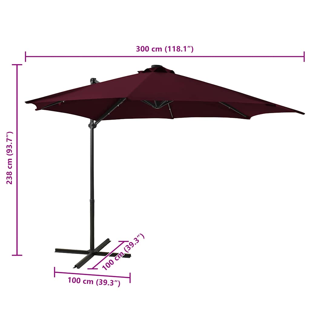 Umbrelă în consolă cu stâlp și LED-uri, roșu bordo, 300 cm