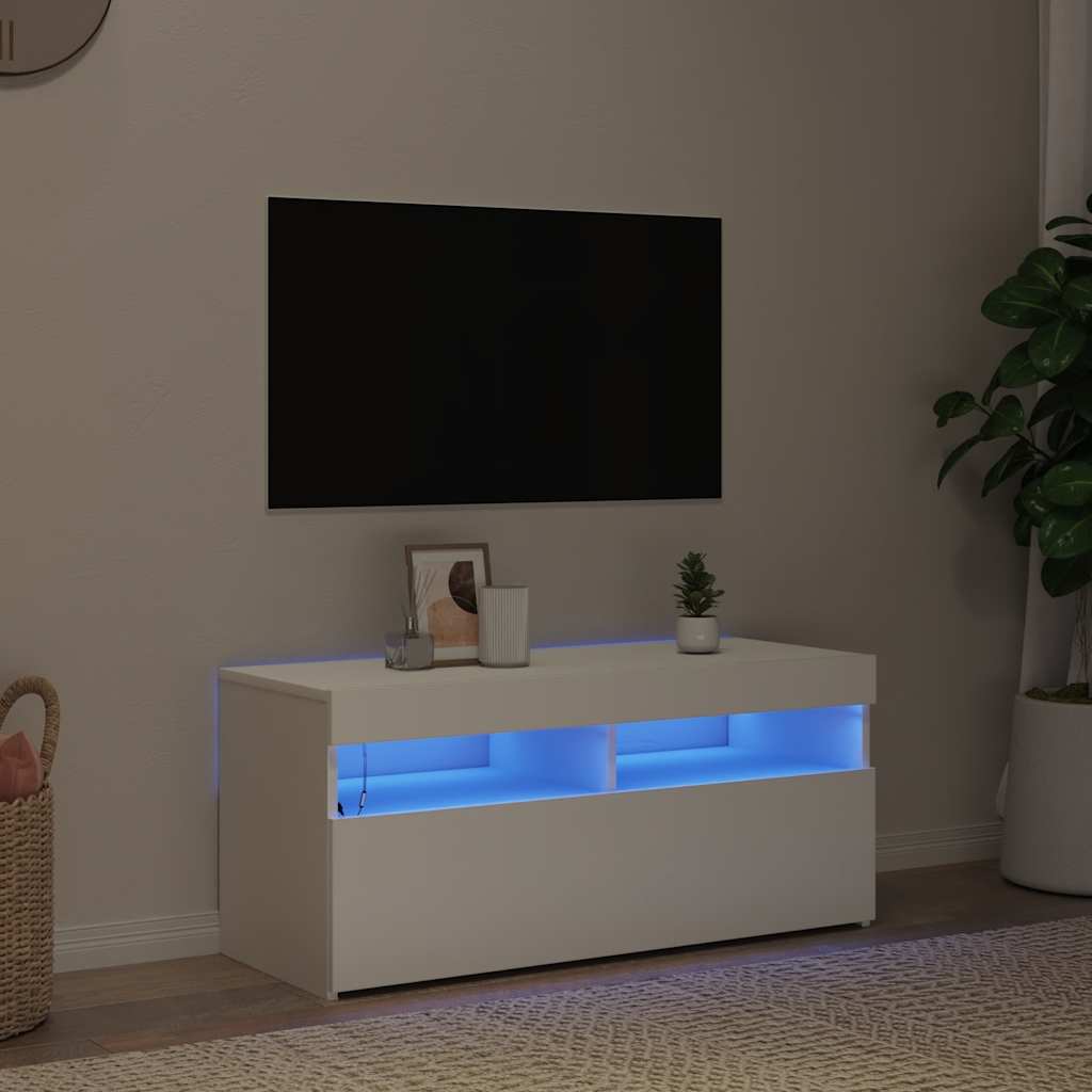 Comodă TV cu lumini LED, alb, 90x35x40 cm
