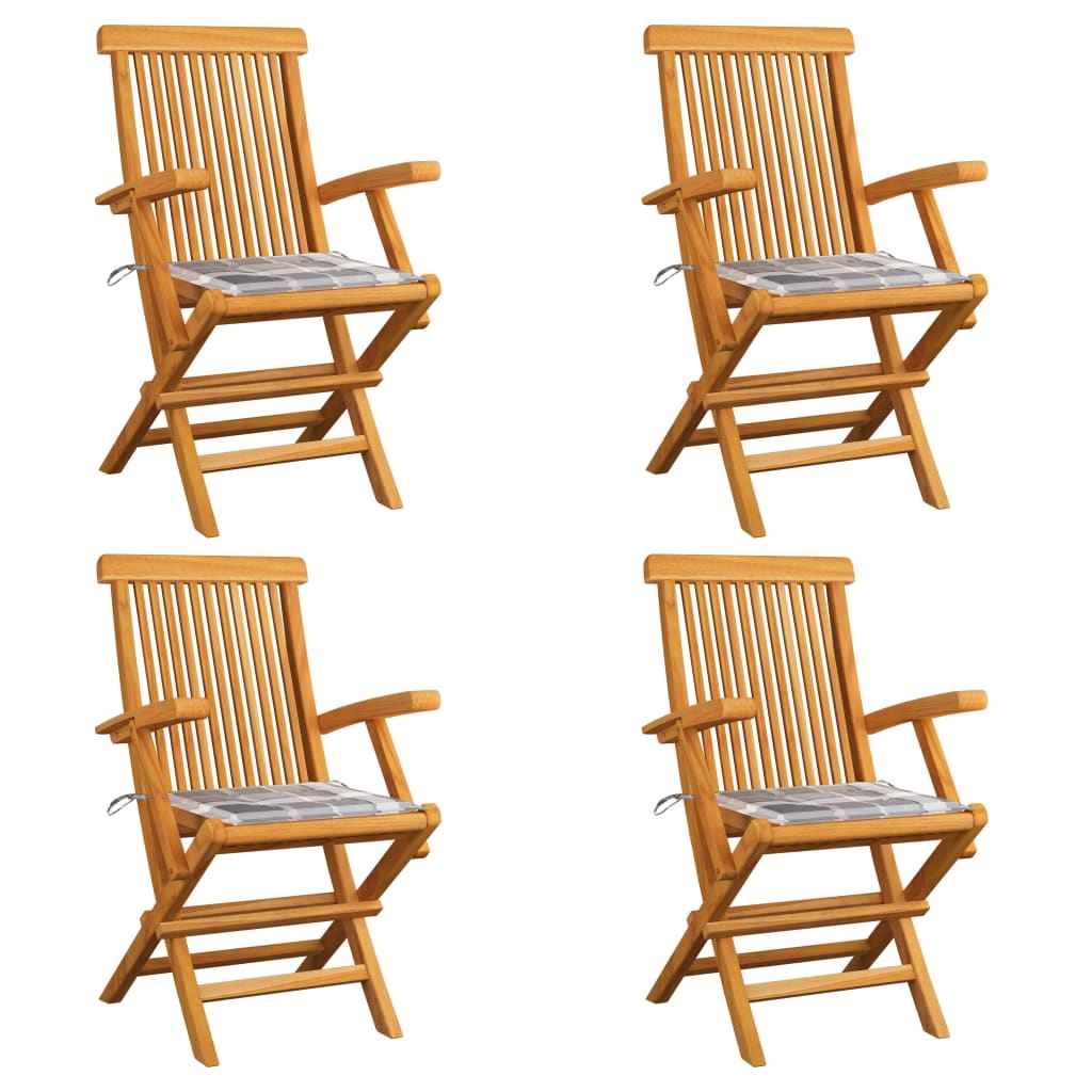 Scaune de grădină cu perne gri carouri, 4 buc., lemn masiv tec