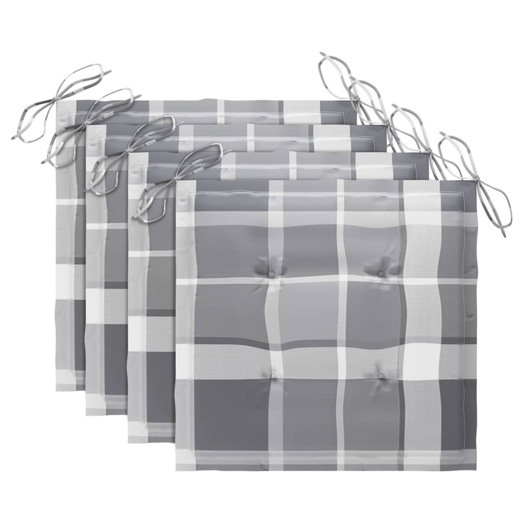 Scaune de grădină cu perne gri carouri, 4 buc., lemn masiv tec