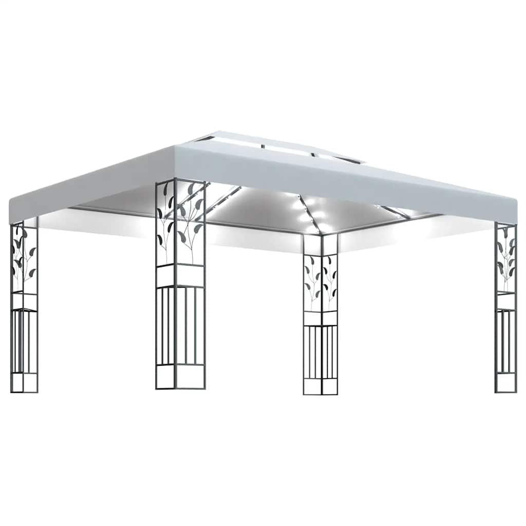 Pavilion cu acoperiș dublu & șiruri de lumini LED, alb, 3x4 m