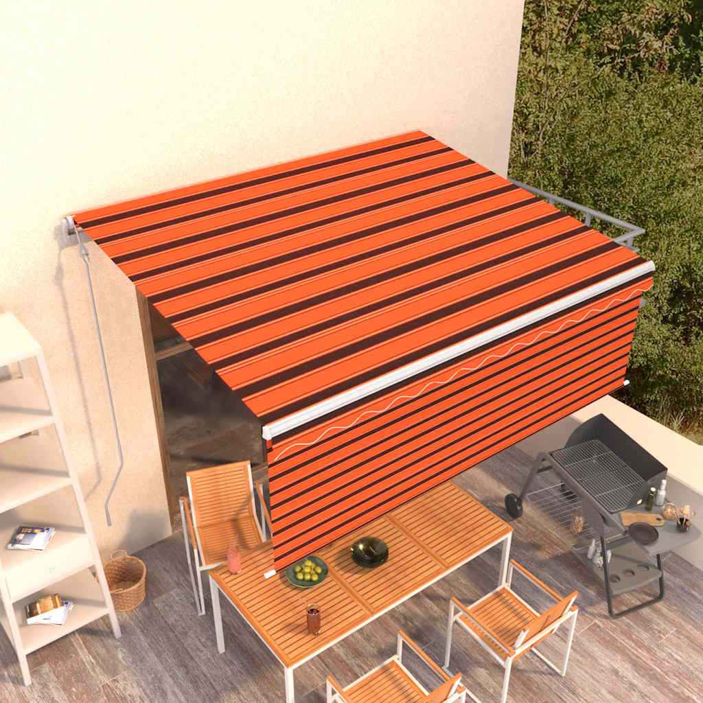 Copertină retractabilă automat cu stor, portocaliu&maro, 4x3 m