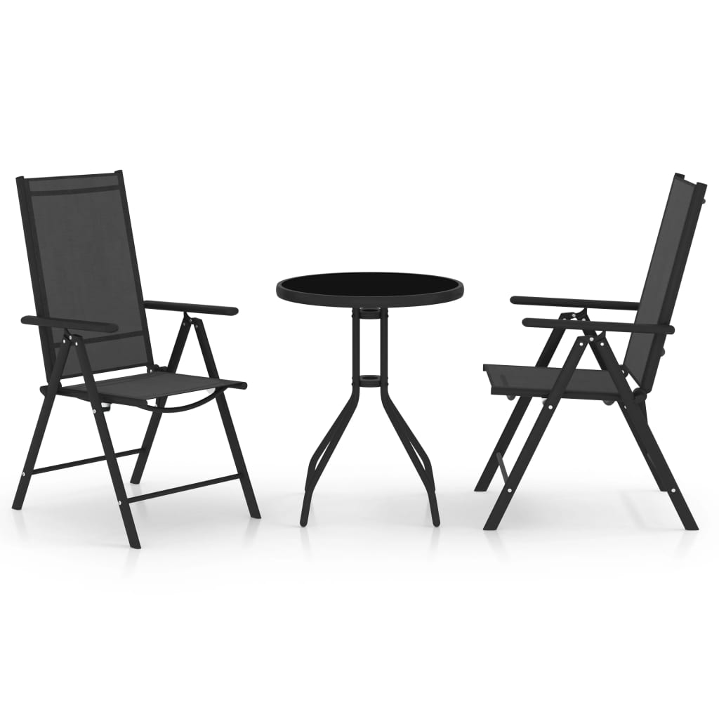 Set mobilier bistro, 3 piese, negru, aluminiu și textilenă