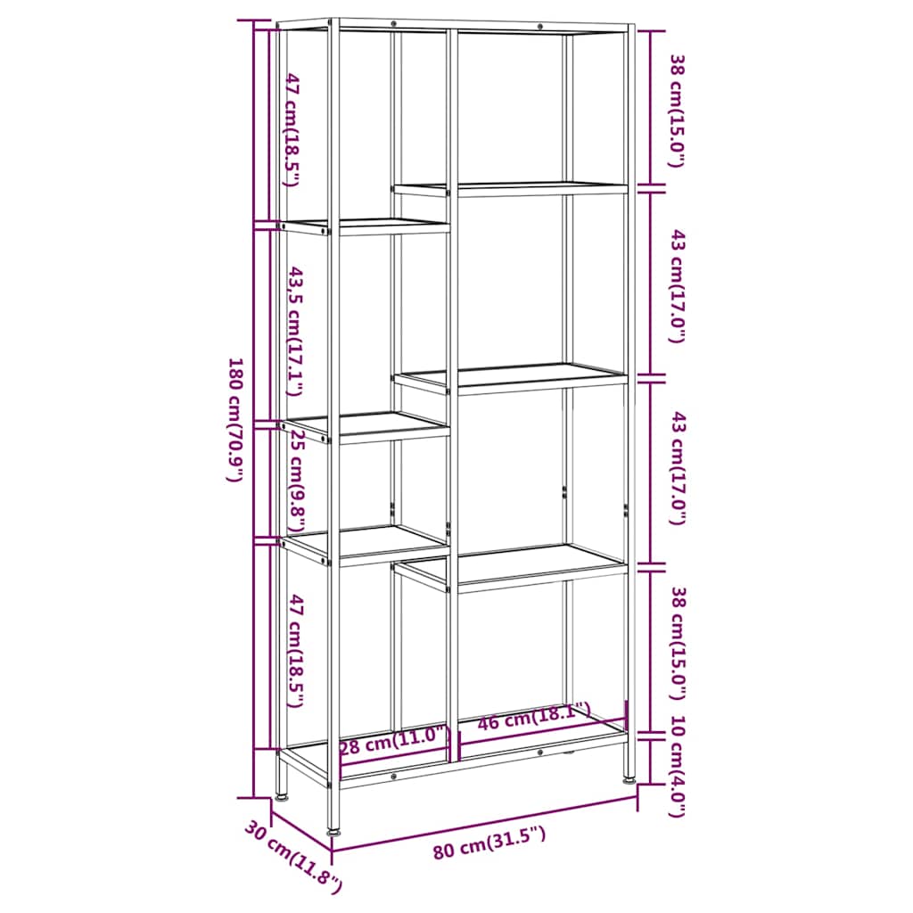 Bibliotecă, 80x30x180 cm, oțel și lemn prelucrat