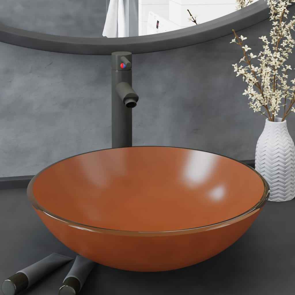 Chiuvetă baie, robinet și scurgere tip push, maro sticlă călită