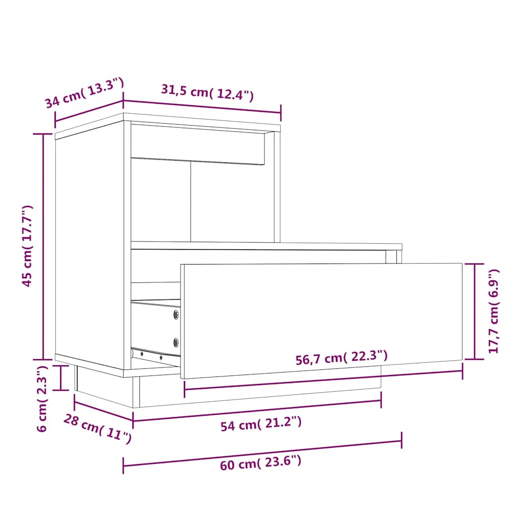 Noptieră, alb, 60x34x51 cm, lemn masiv de pin
