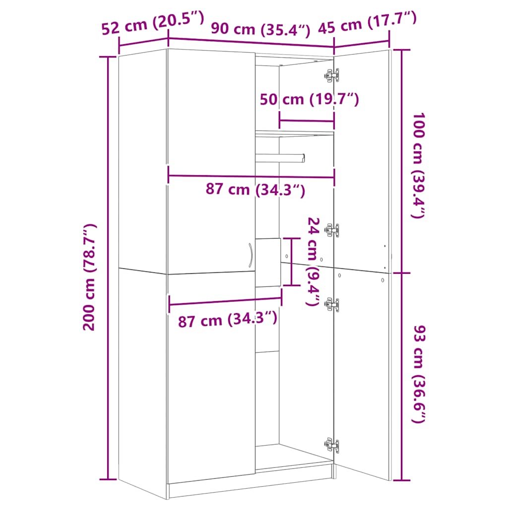 Șifonier, gri sonoma, 90x52x200 cm, lemn prelucrat