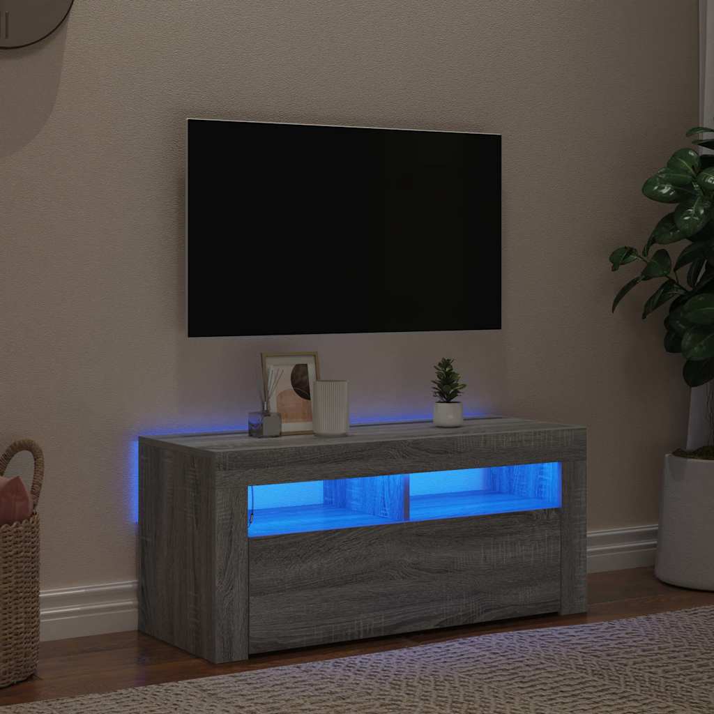 Comodă TV cu lumini LED, gri sonoma, 90x35x40 cm