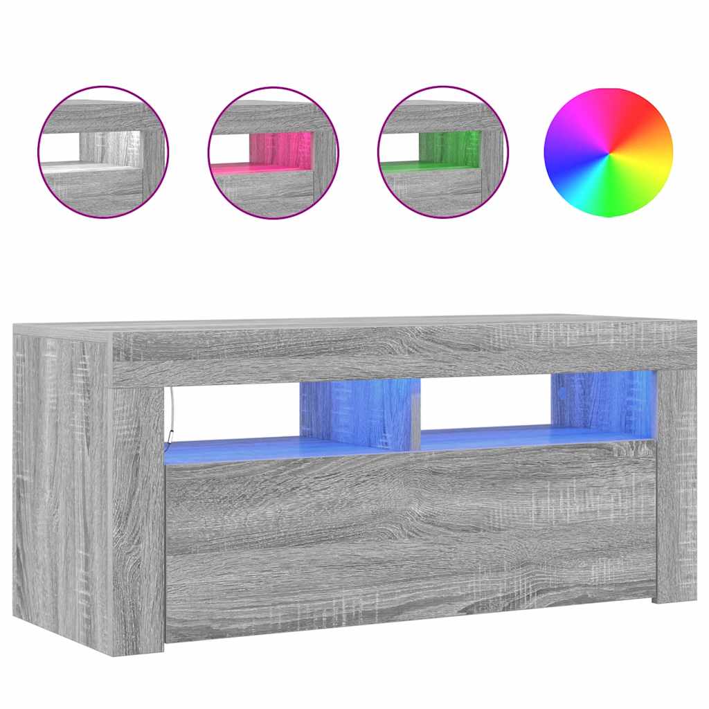 Comodă TV cu lumini LED, gri sonoma, 90x35x40 cm