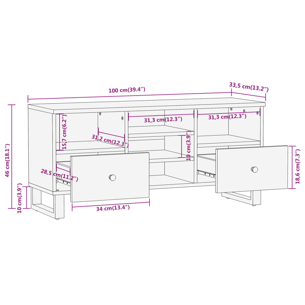 Dulap TV, maro și negru, 100x33,5x46 cm, lemn masiv de mango