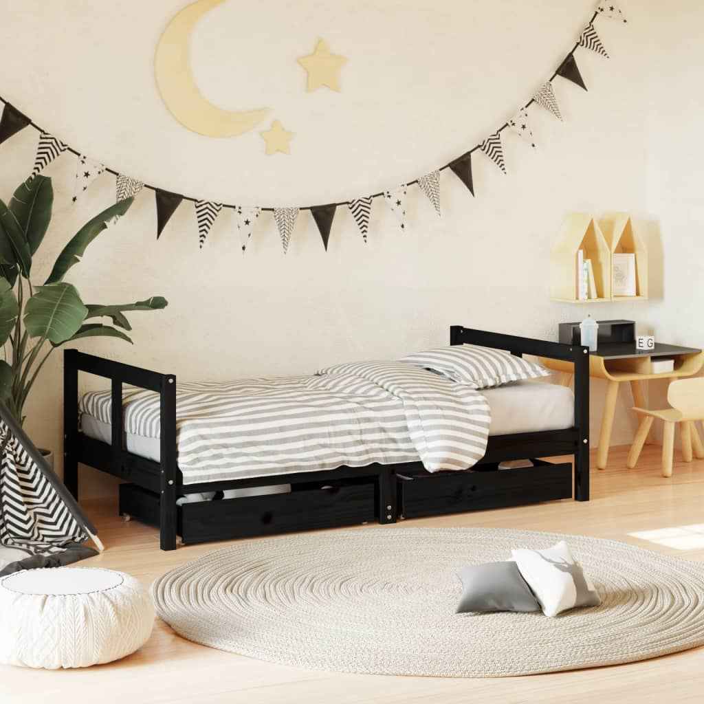 Cadru de pat copii cu sertare, negru, 80x160 cm, lemn masiv pin