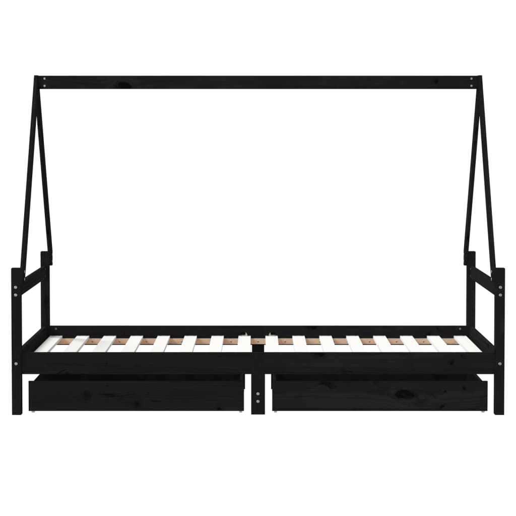 Cadru pat copii cu sertare, negru, 80x200 cm, lemn masiv de pin