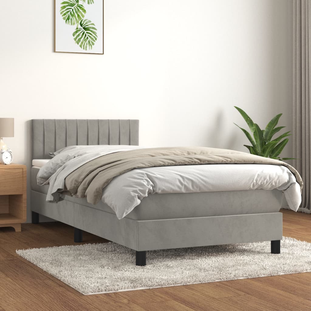 Pat box spring cu saltea, gri deschis, 90x200 cm, catifea