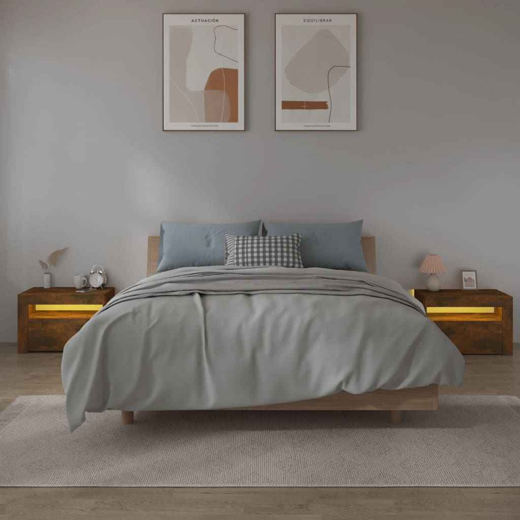 Noptiere cu lumini LED, 2 buc., stejar afumat, 60x35x40 cm