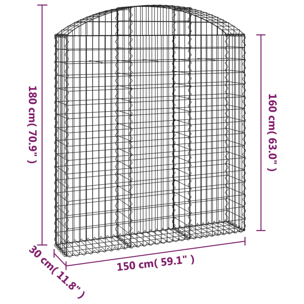 Coș gabion arcuit, 150x30x160/180 cm, fier galvanizat