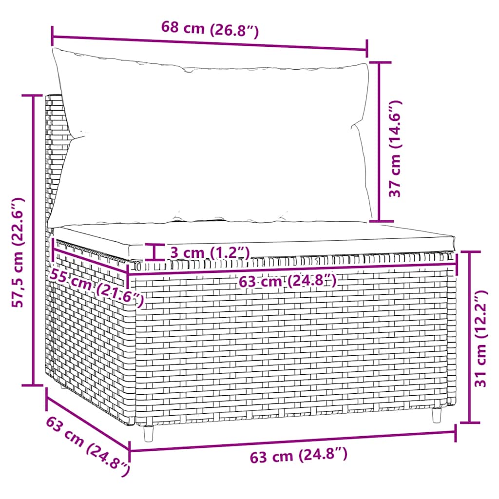 Canapea de mijloc de grădină, cu perne, gri, poliratan