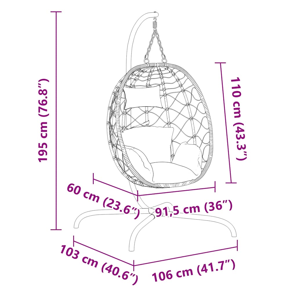 Scaun suspendat tip ou cu pernă, culoare taupe, poliratan și oțel