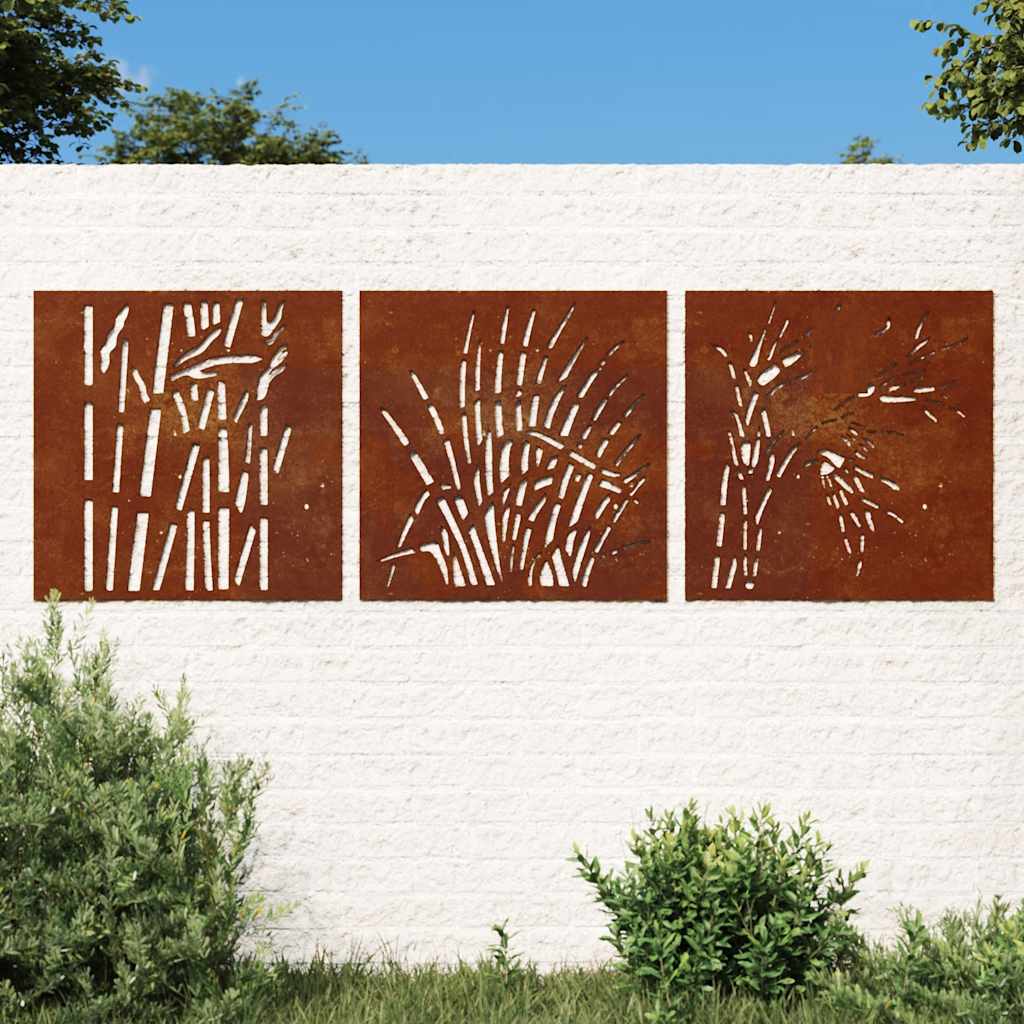 Decor de perete 3 buc. 55x55 cm model iarba oțel Corten