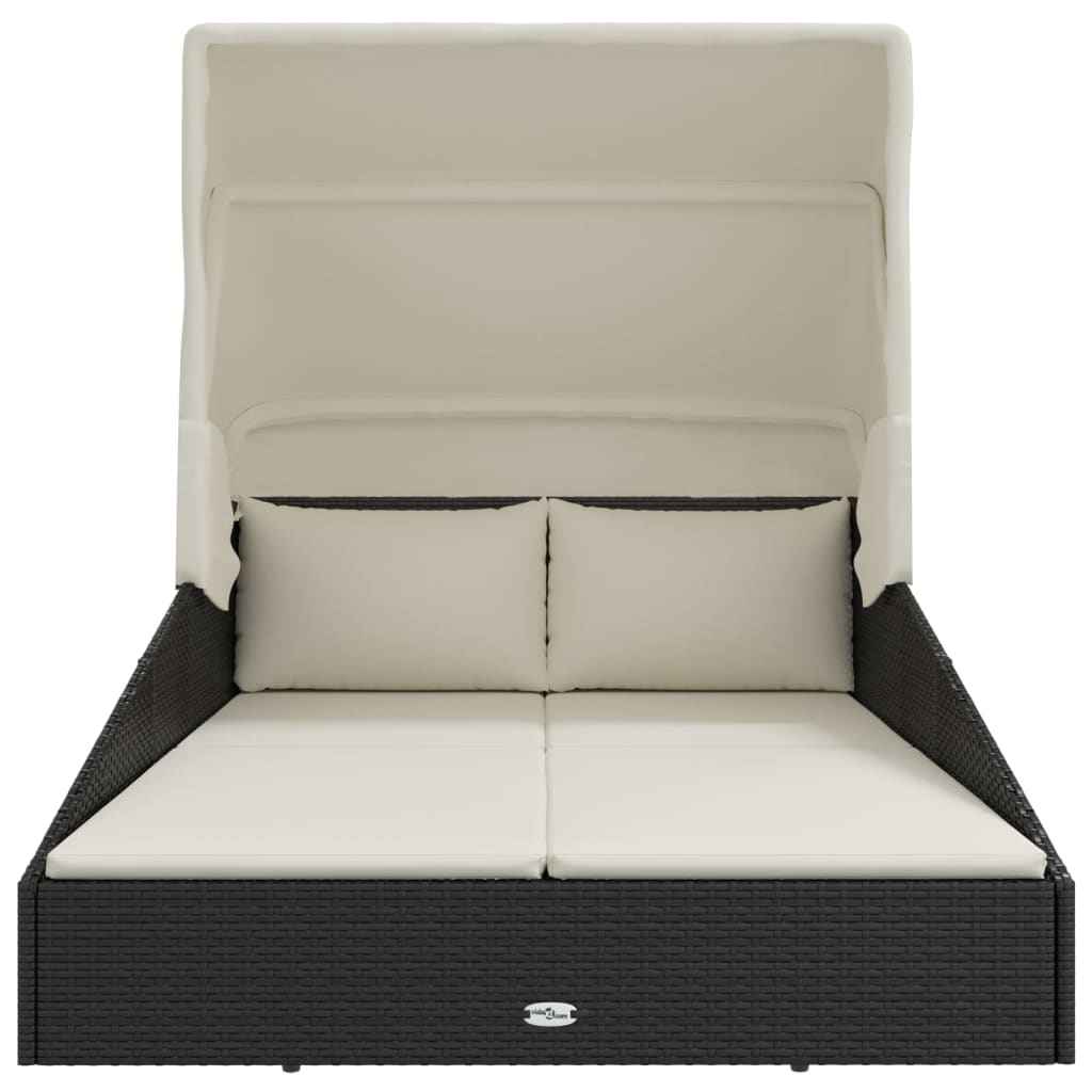 Șezlong cu acoperiș pliabil, negru, 200x114x128 cm, poliratan