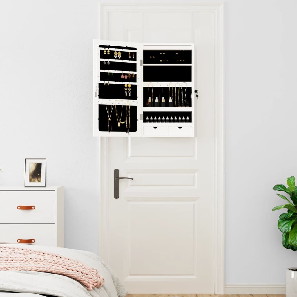 Dulap de bijuterii cu oglindă și lumini LED, de perete, alb