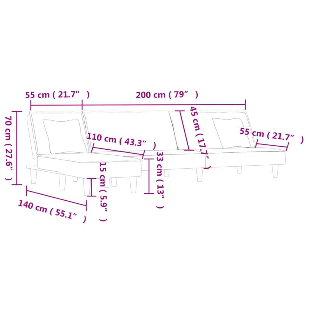 Canapea extensibilă în formă de L gri 255x140x70 cm catifea