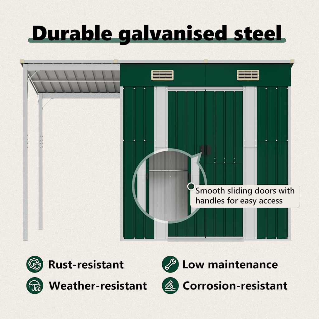 Șopron grădină, acoperiș extins, verde, 277x107x181 cm, oțel