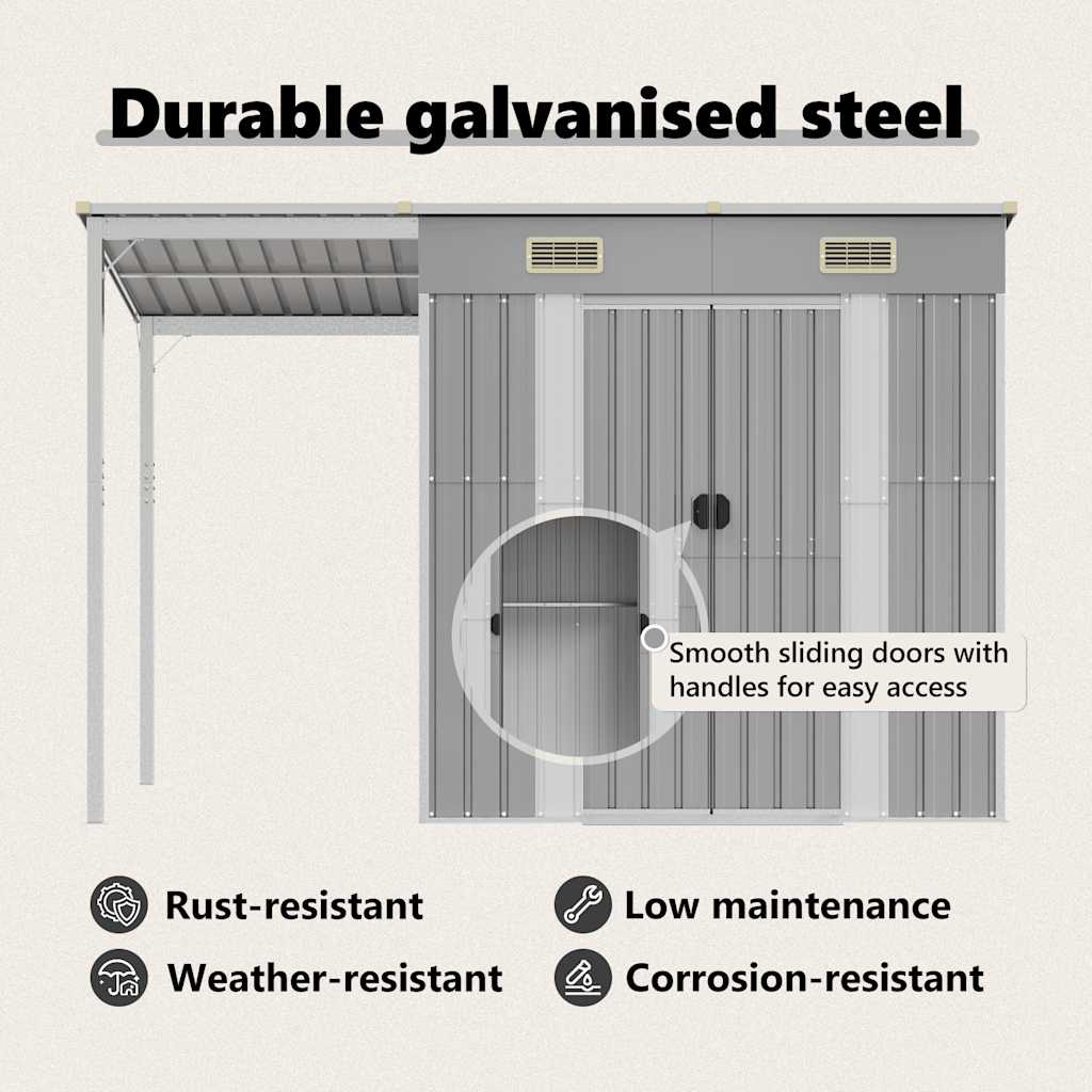 Șopron de grădină cu acoperiș extins, gri deschis, 277x107x181 cm, oțel